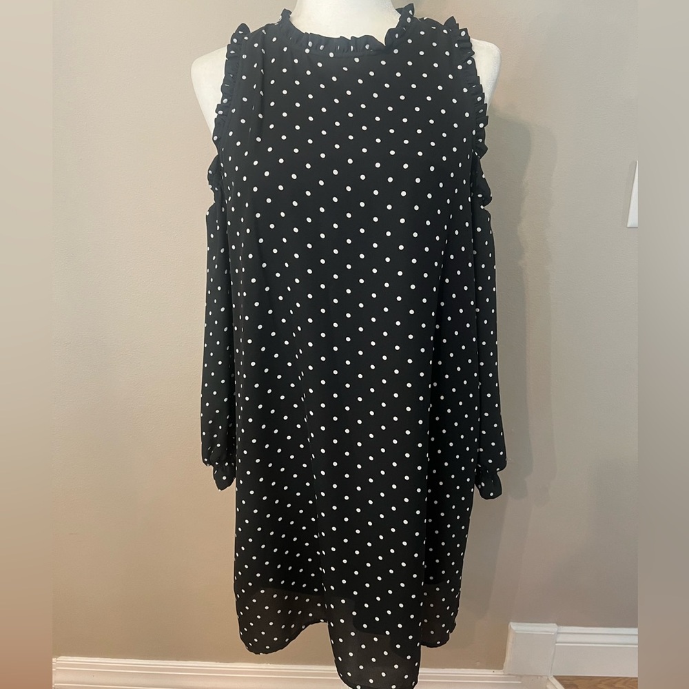 Black and white polka dot dress with cold shoulder